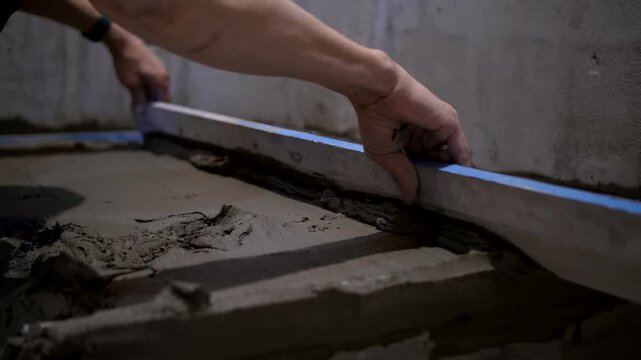 Master uses aluminum straightedge to level fresh mortar base for shower tray installation in bathroom renovation project.