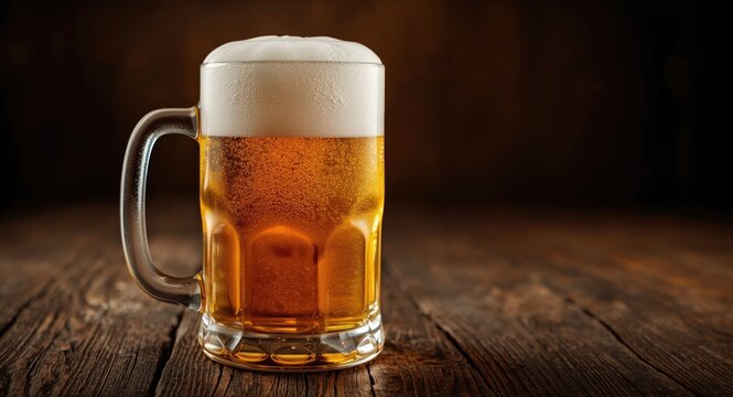 Lager beer mug topped with thick foam on rustic dark wooden background