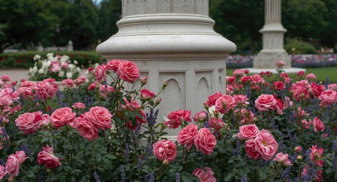 Freedom rose blossom on ornamental obelisk surrounded by veronika and lavender