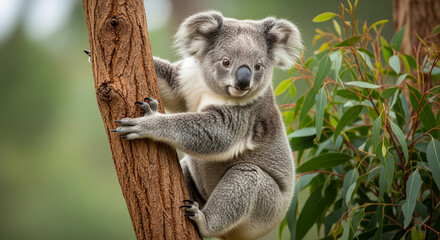 Fototapeta premium A sleepy koala resting on a tree trunk in a natural Australian habitat with green foliage, captured in a wildlife closeup photography with a peaceful expression.