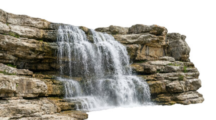 Fototapeta premium A beautiful natural waterfall cascades over rugged rock cliffs. The image has a transparent background, isolating the natural wonder.