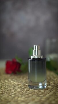 Vertical video of ready homemade natural perfume spraying from black bottle with red rose background. Luxury botanical fragrance concept combining artisan and classic perfumery.