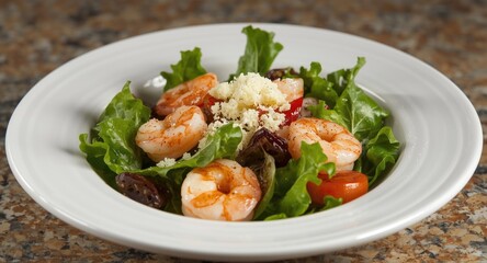 Shrimp Caesar salad served with a generous sprinkle of parmesan