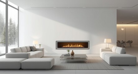 Naklejka premium Minimalist styled living space featuring white walls and contemporary fireplace