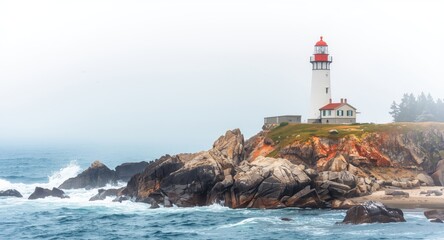 Colorful watercolor portrayal of an isolated lighthouse standing on jagged rocks