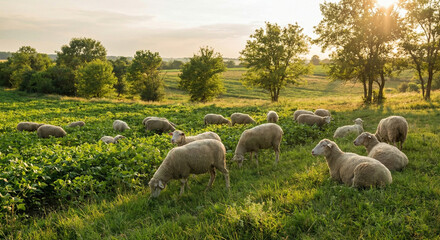 Obraz premium Fluffy sheep grazing in green pasture landscape