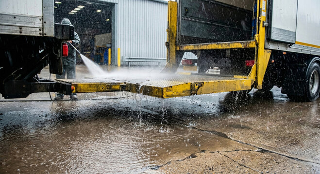 Box truck tail lift pressure wash detail