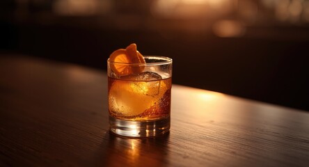 Vibrant whiskey sour glass resting on bar table in fading daylight