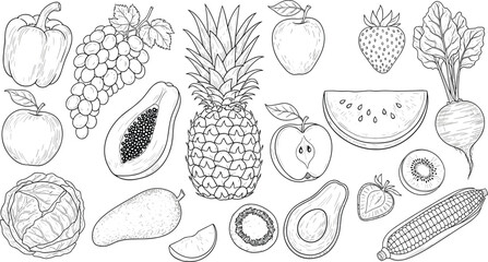 Fototapeta premium Hand Drawn Fruit and Vegetable Collection Vintage Botanical Sketch Set Healthy Food Ingredients Isolated Black and White Vector Illustration