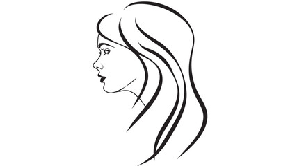Hair silhouette illustration with long flowing wavy strands in black line art, minimalist beauty logo concept isolated on white background for salon branding