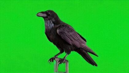 Fototapeta premium Majestic Raven Perched Against a Vibrant Green Screen Backdrop.