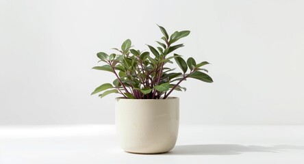 Obraz premium Isolated Zanzibar gem plant in a cream colored pot photographed on a white studio backdrop
