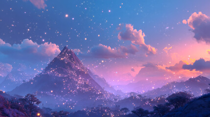Fototapeta premium Fantasy mountain landscape glowing under a colorful sunset sky with floating lights.