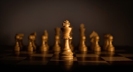 Chess knight bathed in spotlight setting up winning strategy versus pawns