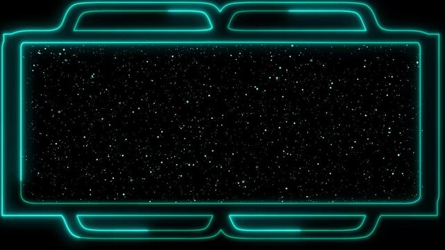 Cyan Neon Frame with Starfield animated Background and Copy Space border teal, Glowing cyan Neon starfield Rectangle Floats in Space, Cyan neon Rectangular Frame with Starfield and Light Streaks.