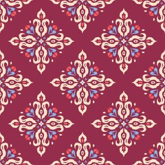 Hand-drawn Modern Elegant Spring Burgundy Seamless Damask Ikat Pattern for Luxury Wallpaper