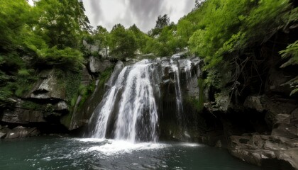Obraz premium Majestic waterfall cascading into a serene pool surrounded by lush greenery.