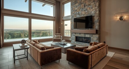 Naklejka premium Stylish sitting room with twin couches, flat screen TV, fireplace, and broad surrounding view
