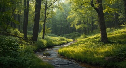 Obraz premium Scenic forest view with a twisting stream surrounded by abundant tall trees and greenery