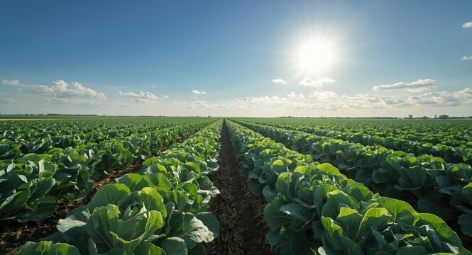 Green cabbage flourishing robustly across wide farm field beneath blue sky