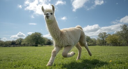Fototapeta premium Happy llama playing on green grass lawn full length summer day