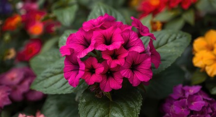 Vivid pink and purple petunia flower cluster with rich green foliage offering a colorful vibrant floral nature backdrop with copy space