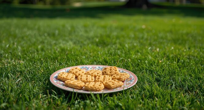 Delightful amaretti pet treats served on a green grass lawn on a summer day with full length view