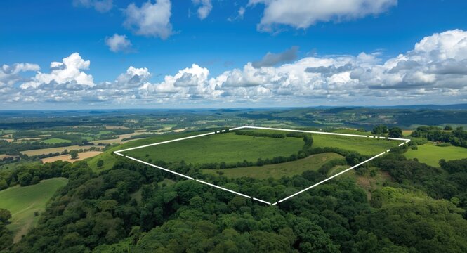 Satellite view of a verdant land parcel outlined to show dimensions for ownership and real estate development