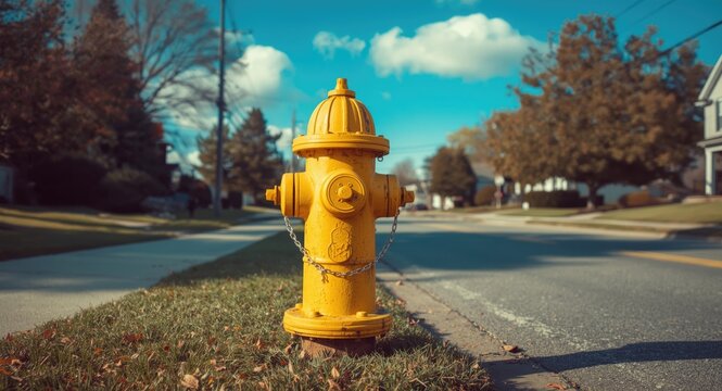 Yellow fire hydrant firmly installed beside quiet neighborhood street