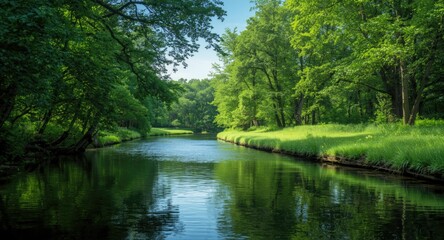 relaxed riverbank landscape with dense tree coverage