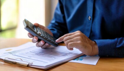 Fototapeta premium Man Calculating Finances with Calculator and Documents on Desk.