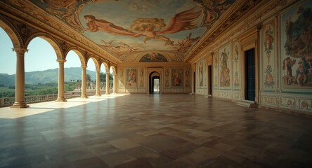 Fototapeta premium Panoramic view of villa fresco art with wide open area for copy space