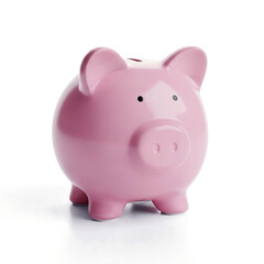 Pink ceramic piggy bank money savings concept isolated on white background