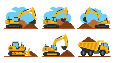 Construction equipment excavators bulldozer and dump truck in a flat design © Anjumanara Rakhi