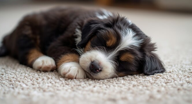 Tricolor Mini Bernedoodle dog puppy dozing quietly on carpet with copy space