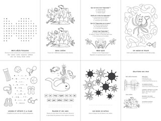 Set of seven games on the theme of the sea. Game and coloring page for kids. French language. Vector illustration. Set No. 4.