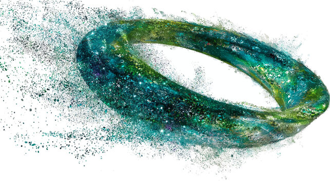 An abstract, brightly colored, 3D toroid shape with a shimmering, fragmented effect