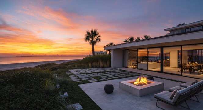 Sunset backdrop highlighting a modern beach residence with fire pit lounge