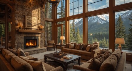 Naklejka premium inviting living room with a crackling fireplace and towering windows with breathtaking mountain scenery