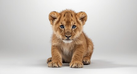 Obraz premium Studio shot highlighting a lion cub on a simple white backdrop with fine-tuned post editing