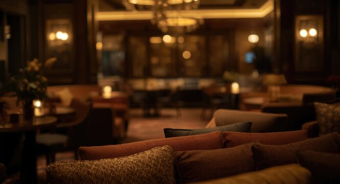 Upscale hotel lounge interior glowing with warm dark blur and cinematic bokeh backdrop