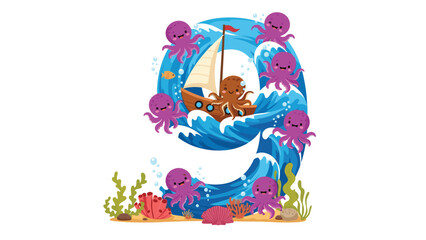 Naklejka premium Large number nine shaped from a blue wave carrying a pirate ship and surrounded by many purple octopuses.