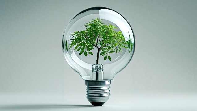 Tree growing inside light bulb in a closed environment, startup incubation and constrained innovation concept on minimal background