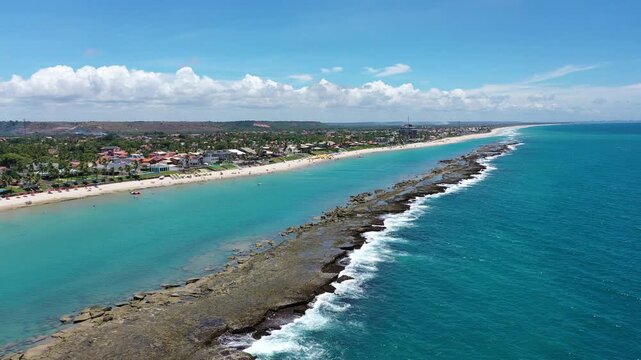 Wonderful panoramic view of the turquoise waters of Barra de Sao Miguel beach in February 2026 near Maceio, Alagoas State, Brazil 
