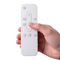 Hand holding modern white TV remote control isolated on white background