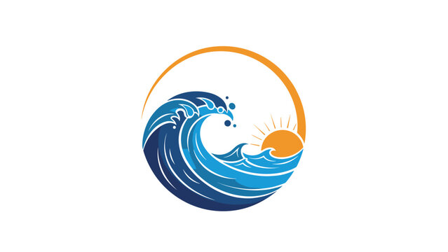 Circular logo design featuring a powerful blue ocean wave crashing beside a bright orange sun representing summer and beach travel.