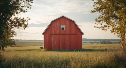 Obraz premium Traditional red barn wall with weathered wood texture and small window in outdoor rural scene
