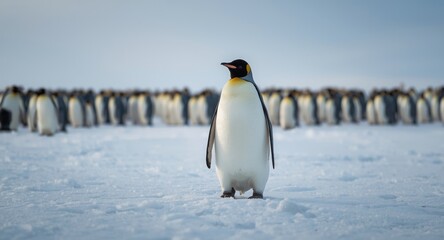Obraz premium Adult emperor penguin peacefully standing in snow surrounded by lively colony