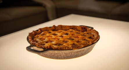 Rustic salmon pie in iron tray set on a sleek illuminated light table