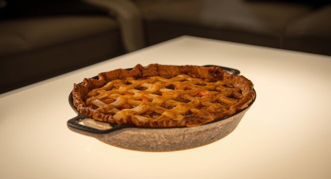Rustic salmon pie in iron tray set on a sleek illuminated light table